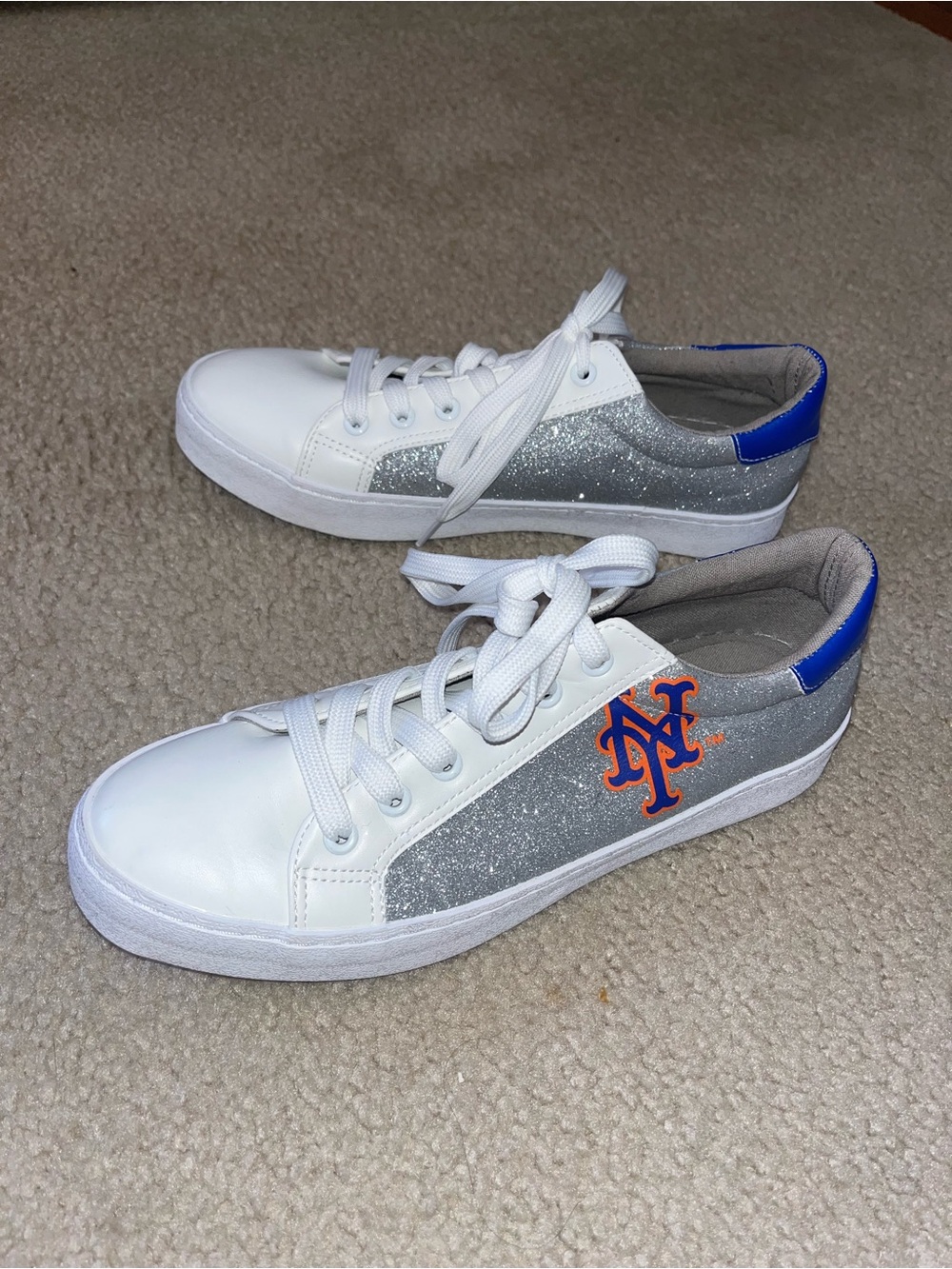 Women’s White & Silver Glitter Sneakers with Blue Accent - NY Logo